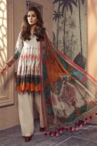 White Multi colored linen peplum top with chiffon dupatta